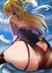  1girl artist_name ass asymmetrical_legwear bangs black_legwear blonde_hair blue_sky breasts butt_crack choker clothing_cutout cloud cloudy_sky commentary day elbow_gloves fischl_(genshin_impact) floating_hair from_behind genshin_impact glint gloves hair_over_one_eye hair_ribbon highres leotard long_hair nyahpa20 outdoors parted_lips profile ribbon sitting sky slime_(genshin_impact) small_breasts solo strapless strapless_leotard thighhighs thighs two_side_up wind 