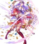  2girls anbe_yoshirou arrow_(projectile) bangs bare_shoulders boots bow_(weapon) braid breasts camilla_(fire_emblem) collarbone dress fire_emblem fire_emblem_fates fire_emblem_heroes frills full_body gem gloves gold hair_over_one_eye headband highres hinoka_(fire_emblem) holding holding_sword holding_weapon large_breasts long_hair looking_away multiple_girls official_art open_mouth parted_lips puffy_short_sleeves puffy_sleeves purple_hair red_eyes red_hair short_hair short_sleeves smile sword thigh_boots thigh_strap thighhighs tied_hair transparent_background weapon 