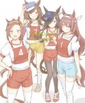 1992 4girls :d animal_ears bangs black_hair black_legwear blue_flower blue_headwear blue_rose blue_shorts brown_hair clenched_hands closed_mouth dated flower gym_shorts gym_uniform hair_ornament hair_over_one_eye hairband hairclip hat hat_flower highres horse_ears horse_girl horse_tail kawashina_(momen_silicon) kneehighs long_hair matikane_tannhauser mihono_bourbon_(umamusume) multiple_girls number open_mouth pantyhose ponytail red_hair red_shorts rice_shower_(umamusume) rose sakura_bakushin_o_(umamusume) shirt shoes shorts signature simple_background smile sneakers sportswear tail thighhighs tilted_headwear umamusume very_long_hair white_legwear white_shirt yellow_shorts 