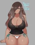  1girl agawa_ryou aqua_panties arms_behind_back artist_name bangs bare_shoulders black_shirt bow bow_panties breasts brown_hair cleavage collarbone commentary cowboy_shot dark_skin dated english_commentary grey_background groin hair_over_one_eye huge_breasts light_frown long_hair multicolored multicolored_clothes multicolored_panties numbered original panties shirt side-tie_panties sidelocks simple_background solo swept_bangs tank_top thick_thighs thighs underwear white_panties wide_hips yellow_eyes 