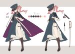  1girl boots brown_hair cape character_sheet cherry_blossoms closed_mouth commission commissioner_upload emiko_(dendroai) hat highres naozi original pink_eyes solo standing sword thigh_strap twintails weapon 