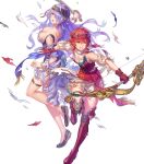  2girls anbe_yoshirou bangs bare_shoulders boots bow_(weapon) braid breasts camilla_(fire_emblem) cleavage clenched_teeth collarbone dress fire_emblem fire_emblem_fates fire_emblem_heroes frills full_body gloves hair_over_one_eye headband highres hinoka_(fire_emblem) holding holding_weapon large_breasts long_hair multiple_girls official_art open_mouth parted_lips puffy_short_sleeves puffy_sleeves purple_hair red_eyes red_hair shiny shiny_hair short_hair short_sleeves skirt sword teeth thigh_boots thigh_strap thighhighs tied_hair torn_clothes torn_dress torn_skirt transparent_background weapon 