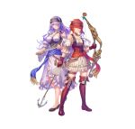  2girls absurdres anbe_yoshirou arrow_(projectile) bangs bare_shoulders boots bow_(weapon) braid breasts camilla_(fire_emblem) closed_mouth collarbone commentary dress fire_emblem fire_emblem_fates fire_emblem_heroes frills full_body gloves hair_over_one_eye headband highres hinoka_(fire_emblem) holding holding_bow_(weapon) holding_sword holding_weapon large_breasts long_hair looking_at_viewer multiple_girls official_art puffy_short_sleeves puffy_sleeves purple_hair red_eyes red_hair shiny shiny_hair shoes short_hair short_sleeves simple_background smile standing sword thigh_boots thigh_strap thighhighs tied_hair weapon white_background zettai_ryouiki 
