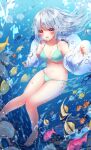  1girl :d air_bubble aqua_bikini barefoot bikini blurry blush breasts breath bubble clownfish fish foot_out_of_frame freediving grey_hair happi_(michiru_donut) highres legs_together michiru_donut navel open_mouth original side-tie_bikini silver_hair small_breasts smile solo swimming swimsuit tropical_fish underwater underwear 