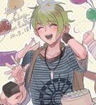  2others 3boys :d amami_rantarou balloon bangs blush cake closed_eyes collarbone danganronpa_(series) danganronpa_v3:_killing_harmony dated english_commentary food green_hair hand_in_hair hands_up happy happy_birthday jewelry laaaicha male_focus momota_kaito multiple_boys multiple_others necklace open_mouth ouma_kokichi polka_dot polka_dot_background ring shirt short_hair short_sleeves smile solo_focus striped striped_shirt upper_body v wristband 