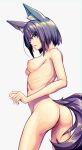  1girl animal_ears ass black_hair blue_background blue_eyes blush breasts completely_nude dosu_(doseven) highres looking_at_viewer navel nipples nude open_mouth original pussy short_hair simple_background solo tail 