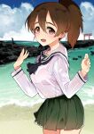  1girl bangs beach black_neckwear blouse blue_sky blurry blurry_background bralines brown_eyes brown_hair cloud cloudy_sky commentary cowboy_shot depth_of_field girls_und_panzer green_skirt highres horizon koyama_yuzu long_sleeves looking_at_viewer medium_hair miniskirt nakasone_haiji neckerchief ocean ooarai_(ibaraki) ooarai_school_uniform open_mouth pleated_skirt sailor_collar school_uniform see-through serafuku short_ponytail skirt sky smile solo standing torii w_arms white_blouse white_sailor_collar 