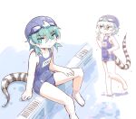  0x0082 1girl absurdres alternate_costume bare_legs bare_shoulders barefoot blue_eyes blue_hair blue_headwear blue_swimsuit blush eyebrows_visible_through_hair full_body goggles goggles_on_head highres kemono_friends multiple_views pool school_swimsuit short_hair sitting sleeveless snake_print snake_tail standing standing_on_one_leg swim_cap swimsuit tail translated tsuchinoko_(kemono_friends) water_drop 