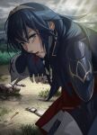  1girl armor artist_name bangs battlefield blood blood_stain blue_eyes blue_hair crown eye_symbol falchion_(fire_emblem) fingerless_gloves fire_emblem fire_emblem_awakening gloves hair_between_eyes hair_ornament highres long_hair looking_at_viewer lucina_(fire_emblem) maze_draws signature solo wiping_mouth 