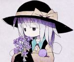  1girl bangs black_eyes black_headwear child colored_eyelashes commentary_request eyebrows_visible_through_hair flat_chest flower frilled_shirt frilled_sleeves frills grey_background grey_hair half-closed_eyes hands_together hands_up hat hat_ribbon holding holding_flower komeiji_koishi long_hair long_sleeves lotosu muted_color parted_lips purple_flower ribbon shirt sidelocks simple_background sketch solo third_eye touhou upper_body wide_sleeves yellow_ribbon yellow_shirt 