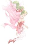  1girl bare_shoulders bow breasts cape detached_sleeves dress final_fantasy final_fantasy_vi green_hair jewelry long_hair pantyhose ponytail ribbon simple_background solo tina_branford toyoda_izumi white_background 