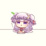  1girl arrow_(symbol) bangs blue_ribbon blunt_bangs book bow bowtie chestnut_mouth chibi commentary_request crescent crescent_hat_ornament crescent_pin eyebrows_visible_through_hair hat hat_ornament hat_ribbon highres mob_cap mukyuu open_mouth patchouli_knowledge poking poking_head purple_eyes purple_hair red_bow red_neckwear red_ribbon ribbon simple_background solo suna_sen table touhou translation_request white_background wide_sleeves 