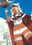  1girl absurdres bandaged_arm bandaged_leg bandages basketball_hoop blonde_hair blue_sky cape cloud dark-skinned_female dark_skin gloves guilty_gear guilty_gear_strive hand_on_hip hat hide_(hideout) highres long_hair lucifero midriff navel parted_lips ramlethal_valentine shorts sky spinning thigh_strap white_gloves yellow_eyes 