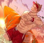  &gt;_o 1boy abs animal_ears bara bare_pectorals blue_eyes blush brown_hair day dog_boy dog_ears dog_tail gondom highres looking_at_viewer male_focus male_swimwear muscular muscular_male navel nipples one_eye_closed original outdoors pectorals red_male_swimwear short_hair smile solo sora_(haozz) splashing summer surfboard tail thick_eyebrows visor_cap water wet 
