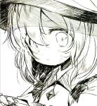  1girl bangs child commentary_request flat_chest frilled_shirt frills greyscale hat komeiji_koishi looking_at_viewer lotosu monochrome open_mouth shirt sidelocks simple_background sketch solo touhou upper_body white_background wide-eyed 