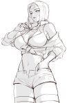  1girl bangs breasts cleavage cowboy_bebop crop_top evan_yang eyewear_removed faye_valentine greyscale hairband hand_in_pocket highres jacket jacket_partially_removed large_breasts legs_together monochrome navel panties_under_shorts parted_bangs short_hair short_shorts shorts sketch skindentation solo sunglasses tank_top thick_thighs thighhighs thighs thong 