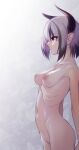  1girl ass black_hair breasts completely_nude cowboy_shot dosu_(doseven) highres horns medium_breasts multicolored_hair navel nipples nude original profile purple_eyes ribs short_hair solo two-tone_hair white_hair 