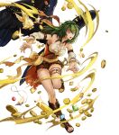  1girl bangs bare_shoulders belt blue_eyes boots breasts cleavage collarbone cross-laced_footwear feathered_wings fire_emblem fire_emblem:_radiant_dawn fire_emblem_heroes gem gold green_hair halterneck headband highres knee_boots lace-up_boots leg_up long_hair medium_breasts o-ring official_art open_mouth shorts sleeveless solo sparkle thigh_strap toeless_footwear toes transparent_background uroko_(mnr) vika_(fire_emblem) wings 