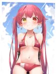  1girl absurdres bangs bikini blush breasts eyebrows_visible_through_hair hair_ribbon heterochromia highres hololive houshou_marine large_breasts long_hair looking_at_viewer open_mouth pepushi_drow red_eyes red_hair ribbon smile solo swimsuit twintails virtual_youtuber yellow_eyes younger 