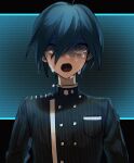  1boy ahoge alternate_hair_color bangs black_background black_hair brown_eyes buttons crying crying_with_eyes_open danganronpa_(series) danganronpa_v3:_killing_harmony double-breasted gakuran green_background green_hair hair_between_eyes laaaicha letterboxed long_sleeves looking_at_viewer male_focus open_mouth saihara_shuuichi school_uniform short_hair solo striped striped_background tears upper_body 