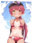  1girl absurdres bangs bikini blush breasts eyebrows_visible_through_hair hair_ribbon hat heterochromia highres hololive houshou_marine large_breasts long_hair looking_at_viewer navel one-piece_tan open_mouth pepushi_drow ponytail red_eyes red_hair ribbon smile solo swimsuit tan tanlines virtual_youtuber yellow_eyes younger 