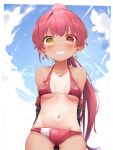  1girl absurdres bangs bikini blush breasts eyebrows_visible_through_hair hair_ribbon heterochromia highres hololive houshou_marine large_breasts long_hair looking_at_viewer navel one-piece_tan open_mouth pepushi_drow ponytail red_eyes red_hair ribbon smile solo swimsuit tan tanlines virtual_youtuber yellow_eyes younger 