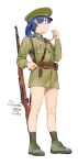  1girl ammunition_belt ammunition_pouch bangs belt bike_shorts blue_eyes blue_hair chinese_army full_body gewehr_98 green_footwear green_headwear green_legwear hair_between_eyes hat holding long_sleeves looking_at_viewer medium_hair military military_hat military_uniform open_mouth original pouch side_ponytail simple_background uniform whistle whistle_around_neck white_background zhongye_yu 