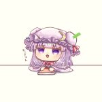  1girl arrow_(symbol) bangs blue_ribbon blunt_bangs book bow bowtie chibi commentary_request crescent crescent_hat_ornament crescent_pin eyebrows_visible_through_hair hat hat_ornament hat_ribbon highres mob_cap mukyuu open_mouth patchouli_knowledge poking poking_head purple_eyes purple_hair red_bow red_neckwear red_ribbon ribbon simple_background smile solo suna_sen table touhou translated white_background wide_sleeves 