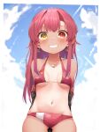 1girl absurdres bangs bikini blush breasts eyebrows_visible_through_hair hair_ribbon heterochromia highres hololive houshou_marine large_breasts long_hair looking_at_viewer navel one-piece_tan open_mouth pepushi_drow red_eyes red_hair ribbon smile solo swimsuit tan tanlines virtual_youtuber yellow_eyes younger 