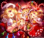  4girls 60mai bangs black_background blonde_hair blush bow closed_mouth collar crying crystal danmaku dress eyebrows_visible_through_hair flandre_scarlet flying four_of_a_kind_(touhou) frills hair_between_eyes hand_up hands_up hat hat_ribbon holding jewelry light looking_at_another looking_at_viewer mob_cap multicolored multicolored_wings multiple_girls one_eye_closed one_side_up open_mouth polearm power_item_(touhou) puffy_short_sleeves puffy_sleeves red_background red_dress red_eyes red_ribbon red_skirt red_vest ribbon sample shadow shirt short_hair short_sleeves skirt smile spear spell_card standing surprised tears touhou vest watermark weapon white_bow white_collar white_headwear white_shirt white_sleeves wings yellow_neckwear 