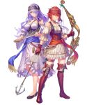  2girls anbe_yoshirou arrow_(projectile) bangs bare_shoulders boots bow_(weapon) braid breasts camilla_(fire_emblem) closed_mouth collarbone dress fire_emblem fire_emblem_fates fire_emblem_heroes frills full_body gloves hair_over_one_eye headband highres hinoka_(fire_emblem) holding holding_bow_(weapon) holding_sword holding_weapon large_breasts long_hair looking_at_viewer multiple_girls official_art puffy_short_sleeves puffy_sleeves purple_hair red_eyes red_hair shiny shiny_hair shoes short_hair short_sleeves smile standing sword thigh_boots thigh_strap thighhighs tied_hair transparent_background weapon zettai_ryouiki 