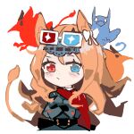  1girl 3d_glasses alchemaniac animal_ears archetto_(arknights) arknights black_dress blonde_hair blue_eyes chibi commentary dress eyewear_on_head highres long_hair looking_at_viewer red_eyes simple_background solo symbol-only_commentary tail upper_body white_background 