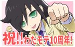  2girls :d anniversary bangs black_hair blazer blonde_hair bob_cut border chibi clenched_hand closed_eyes collared_shirt commentary_request dutch_angle eyebrows_visible_through_hair fist_bump green_eyes hand_up happy highres ichikawa_masahiro jacket kuroki_tomoko long_hair long_sleeves looking_at_another looking_at_viewer minigirl multiple_girls number open_mouth outside_border outstretched_hand purple_neckwear reaching_out shirt short_hair sidelocks smile solid_oval_eyes solo_focus translated uchi_emiri upper_body watashi_ga_motenai_no_wa_dou_kangaetemo_omaera_ga_warui! white_border white_shirt yellow_jacket 