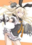  1girl akizuki_(kancolle) akizuki_(kancolle)_(cosplay) blonde_hair commentary_request corset cosplay cowboy_shot fuji_(pixiv24804665) gloves highres kantai_collection long_hair looking_at_viewer multicolored multicolored_clothes multicolored_gloves neckerchief open_mouth pleated_skirt pointing purple_eyes rensouhou-chan round_teeth school_uniform serafuku shimakaze_(kancolle) skirt smile solo teeth two-tone_background upper_teeth white_background white_skirt yellow_neckwear 