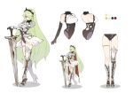  1girl blush breasts bugie character_sheet commission commissioner_upload del_(dendroai) full_body gloves greatsword green_eyes green_hair high_heels highres large_breasts long_hair looking_at_viewer multiple_views original sword weapon 