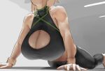  1girl arched_back artoria_pendragon_(fate) barefoot black_sports_bra blonde_hair breasts cleavage cleavage_cutout close-up clothing_cutout collarbone english_commentary eu03 exercise fate/grand_order fate_(series) head_out_of_frame huge_breasts long_hair lying mysterious_heroine_xx_(fate) on_stomach pants ponytail solo sports_bra stretch wristband yoga_pants 