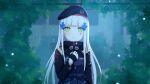  1girl absurdres bangs beret blunt_bangs blurry commentary cross_hair_ornament depth_of_field facial_mark girls&#039;_frontline gloves green_eyes hair_ornament hat highres hk416_(girls&#039;_frontline) incoming_kiss long_hair military_jacket parted_lips silver_hair solo teardrop_tattoo upper_body white_gloves white_hair wo_you_yibei_jia_wanli 