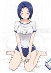  1girl =_= absurdres ahoge bare_legs barefoot bed_sheet blue_hair blush breasts buruma flying_sweatdrops forehead full_body gym_uniform hands_on_own_thighs hands_together highres hitodama_(madatohi) idolmaster idolmaster_(classic) indoors kneeling large_breasts miura_azusa name_tag pillow short_hair short_sleeves sitting sketch solo swimsuit tissue_box wariza 