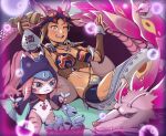  animal_hood arm_tattoo bottle braid braided_ponytail brown_eyes brown_hair cat_hood decufhfsdr fang_necklace felyne highres hood jewelry kayna_(monster_hunter) loincloth mask mask_on_head mizutsune monster_hunter_(series) monster_hunter_stories_2 multicolored_hair navel neck_ring one_eye_closed open_mouth reclining sake_bottle smile stomach tattoo tooth_necklace tribal tribal_tattoo tsukino_(monster_hunter) two-tone_hair 