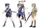  1girl :o absurdres ammunition ammunition_belt ammunition_pouch asymmetrical_legwear backpack bag bandages bangs belt bike_shorts black_footwear blue_hair blue_headwear blue_legwear brown_eyes brown_hair china chinese_army closed_mouth full_body gewehr_88 gewehr_98 glasses green_eyes green_hair green_headwear gun hair_between_eyes hat highres holding holding_gun holding_instrument holding_weapon holster holstered_weapon instrument long_sleeves looking_at_viewer military military_hat military_uniform military_vehicle open_mouth original ponytail pouch sandals shoes short_hair simple_background solo trumpet uneven_legwear uniform weapon white_background zhongye_yu 