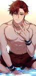  1boy abs absurdres bracer closed_mouth commentary eloseu_(haribochase) highres jewelry kibera_(king&#039;s_raid) king&#039;s_raid looking_at_viewer male_focus male_swimwear muscular muscular_male necklace nipples purple_eyes red_hair sandals shirtless smile solo swimsuit v water 