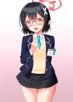  1girl armband ayane_(blue_archive) black_hair blue_archive blush glasses hair_ornament halo id_card looking_at_viewer necktie open_mouth pointy_ears school_uniform short_hair simple_background solo tokyo_yamane 