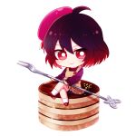  1girl 6_(yuchae) antenna_hair beret cake chibi closed_mouth crossed_legs food fork full_body hair_between_eyes hat holding holding_fork honkai_(series) honkai_impact_3rd long_sleeves looking_at_viewer red_eyes red_hair red_headwear seele_(alter_ego) seele_vollerei short_hair simple_background sitting smile solo v-shaped_eyebrows white_background 