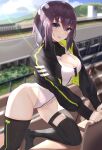  1girl :d absurdres alice_gear_aegis bangs bench bent_over black_hair blurry blurry_background breasts cleavage commentary_request day depth_of_field eyebrows_visible_through_hair head_tilt highleg highres long_hair long_sleeves looking_at_viewer nikotama_mai open_mouth ponytail puripuri purple_eyes racetrack racing_suit sidelocks smile solo thighs 