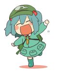  1girl arm_up backpack bag blue_footwear blue_shirt blue_skirt blush_stickers boots cabbie_hat citrus_(place) closed_eyes commentary_request facing_viewer full_body green_bag green_headwear hair_between_eyes hair_bobbles hair_ornament hat kawashiro_nitori key long_sleeves medium_hair open_mouth outstretched_arms shirt simple_background skirt solo touhou two_side_up white_background 