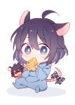  2girls 6_(yuchae) animal_ears antenna_hair bangs blue_eyes blue_hair cheese chibi commentary_request dual_persona eating food food_in_mouth full_body hair_between_eyes holding holding_food honkai_(series) honkai_impact_3rd looking_at_viewer mouse_ears mouse_tail multiple_girls pajamas red_eyes red_hair seele_(alter_ego) seele_vollerei simple_background tail white_background 