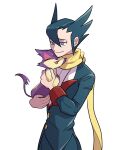  1boy bangs black_hair blue_eyes buttons closed_mouth commentary_request elite_four gen_5_pokemon grimsley_(pokemon) hair_between_eyes highres holding holding_pokemon jacket long_sleeves looking_down male_focus pants pokemon pokemon_(creature) pokemon_(game) pokemon_bw purrloin raised_eyebrows scarf shirt short_hair simple_background smile spiked_hair usarinko white_background yellow_scarf 