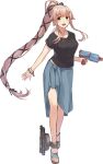  1girl black_shirt blue_sarong full_body holding holding_water_gun kantai_collection konishi_(koconatu) long_hair machinery official_art pink_hair ponytail remodel_(kantai_collection) rigging sandals sarong shirt solo torpedo transparent_background water_gun yellow_eyes yura_(kancolle) 