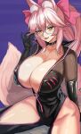 1girl absurdres animal_ear_fluff animal_ears bangs black_bodysuit blush bodysuit bow breasts center_opening choker cleavage fang fate/grand_order fate_(series) fox_ears fox_girl fox_tail glasses hair_between_eyes hair_bow highres hip_vent huge_breasts koyanskaya_(fate) large_breasts long_hair looking_at_viewer loooyd open_mouth pink_bow pink_hair ponytail sidelocks smile solo tail tamamo_(fate) thighs yellow_eyes 