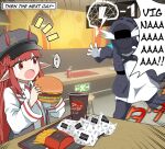  1girl 1other :o alph_(sancheck) arknights black_jacket braid burger cabbie_hat crying cup disposable_cup doctor_(arknights) emphasis_lines fang fast_food food french_fries gameplay_mechanics hat helmet highres horns horns_through_headwear jacket notice_lines open_clothes open_jacket open_mouth pointy_ears red_eyes red_hair running shirt sidelocks vigna_(arknights) white_shirt 